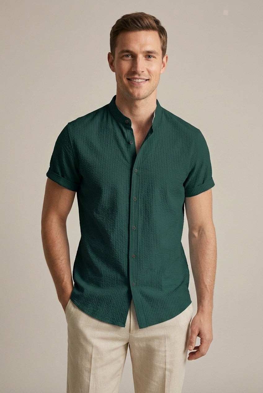 Men's Seersucker Band-Collar Shirt – Short Sleeve Relaxed
