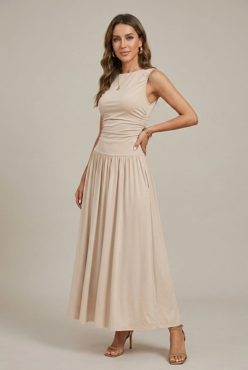 Women's Sleeveless Maxi Dress – Gathered Waist, Full Skirt