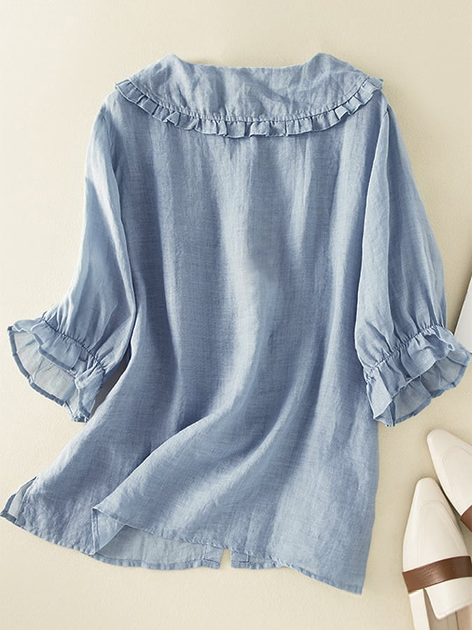 Women's Ruffle Collar Blouse – Half Sleeve Button-Front