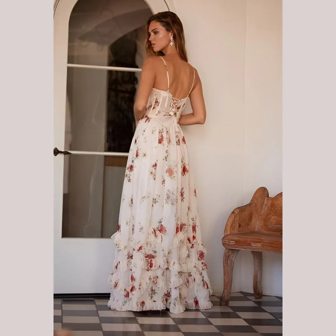 Women's Floral Lace-Up Maxi Dress – Fitted With Side Slit
