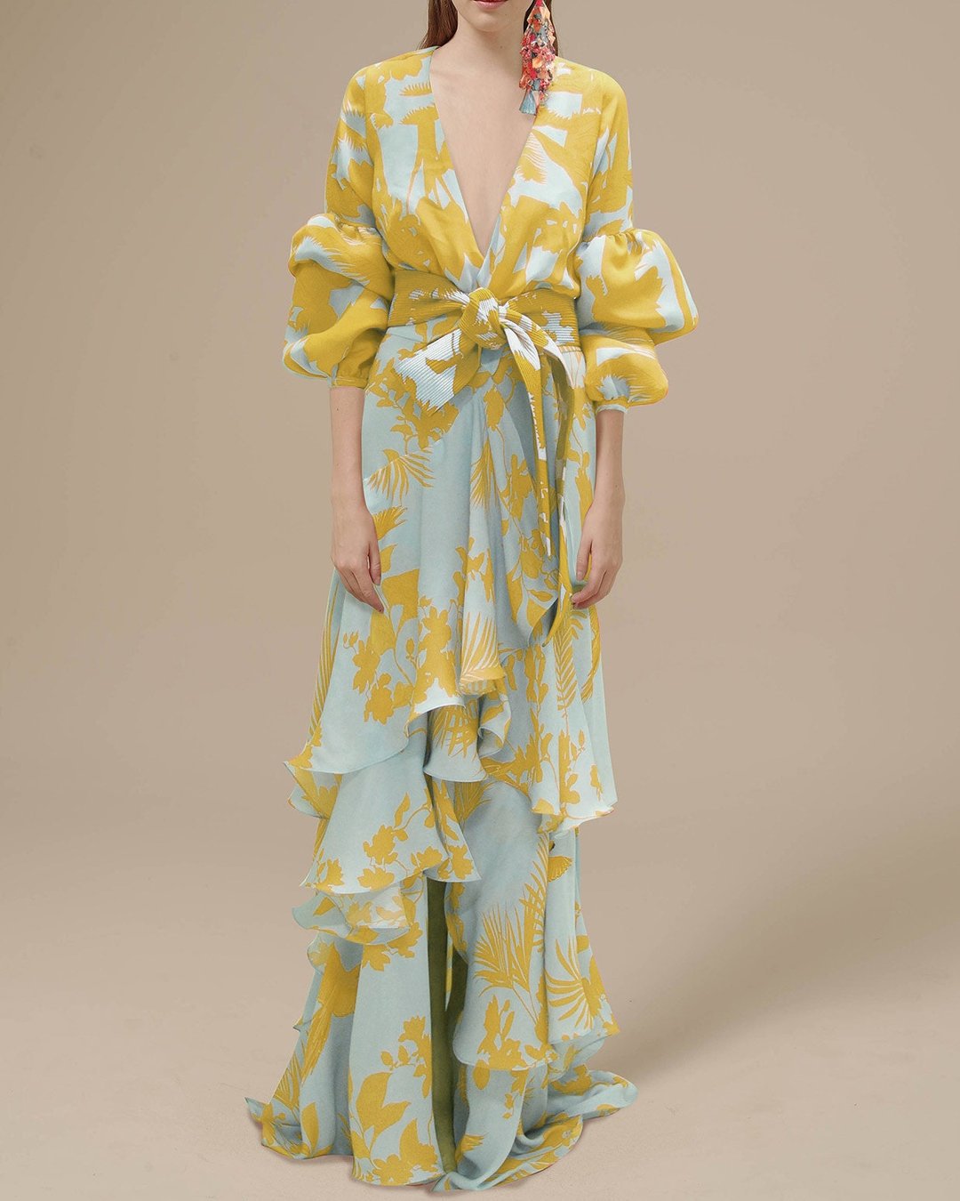 Women's Printed Wrap Maxi Dress – Ruffle Hem, Full Sleeves