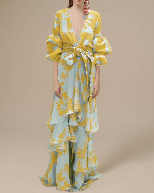 Women's Printed Wrap Maxi Dress – Ruffle Hem, Full Sleeves