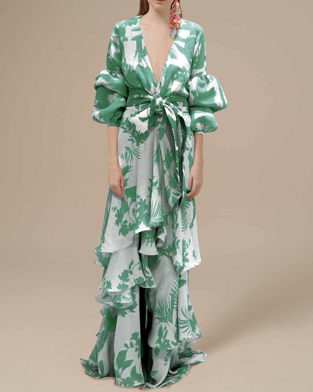 Women's Printed Wrap Maxi Dress – Ruffle Hem, Full Sleeves