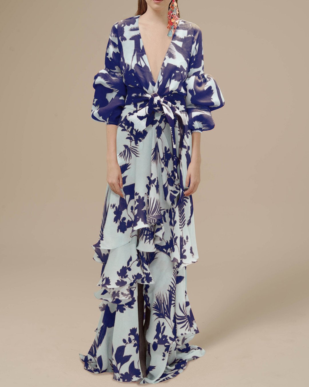 Women's Printed Wrap Maxi Dress – Ruffle Hem, Full Sleeves