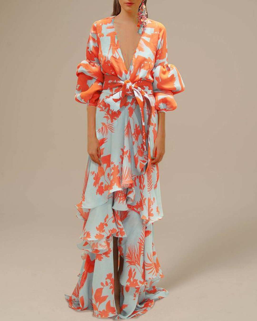 Women's Printed Wrap Maxi Dress – Ruffle Hem, Full Sleeves