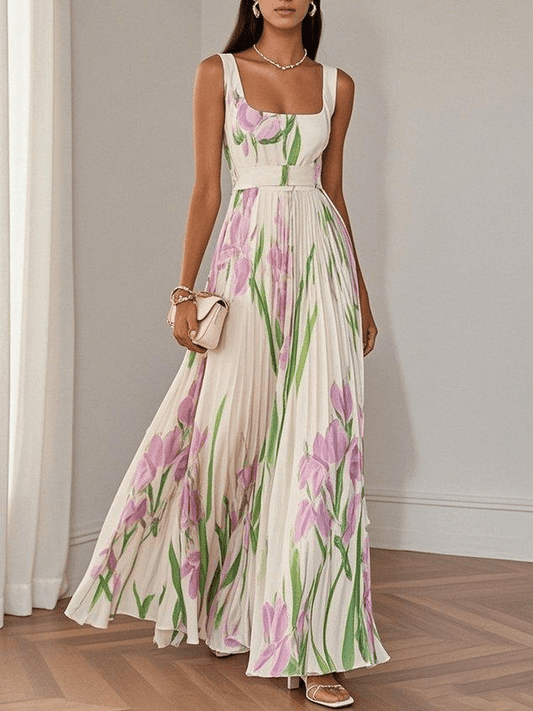 Women's Pleated Maxi Dress – Square Neck Floral