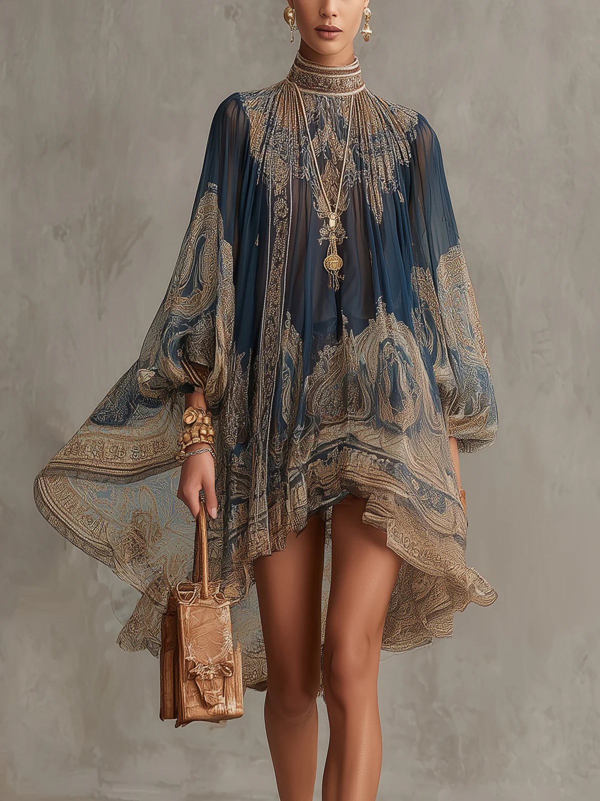 Women's Baroque Print Mini Dress – High Neck Billow Sleeve