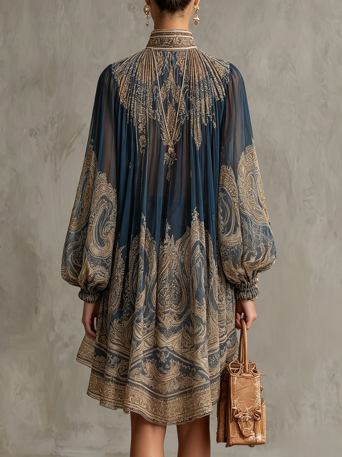 Women's Baroque Print Mini Dress – High Neck Asymmetric Hem