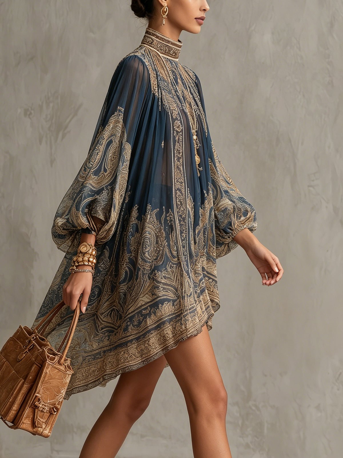 Women's Baroque Print Mini Dress – High Neck Asymmetric Hem