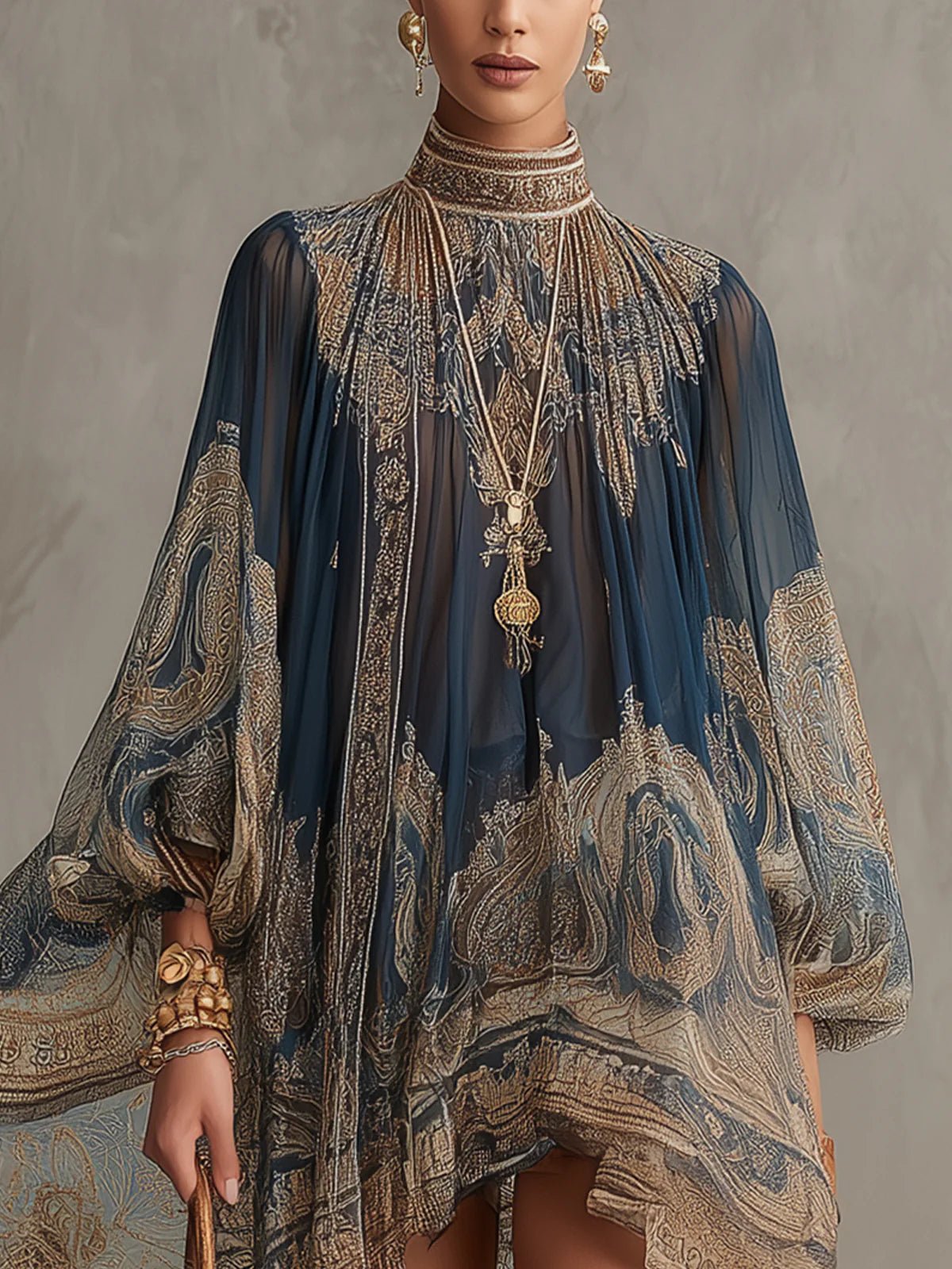 Women's Baroque Print Mini Dress – High Neck Asymmetric Hem