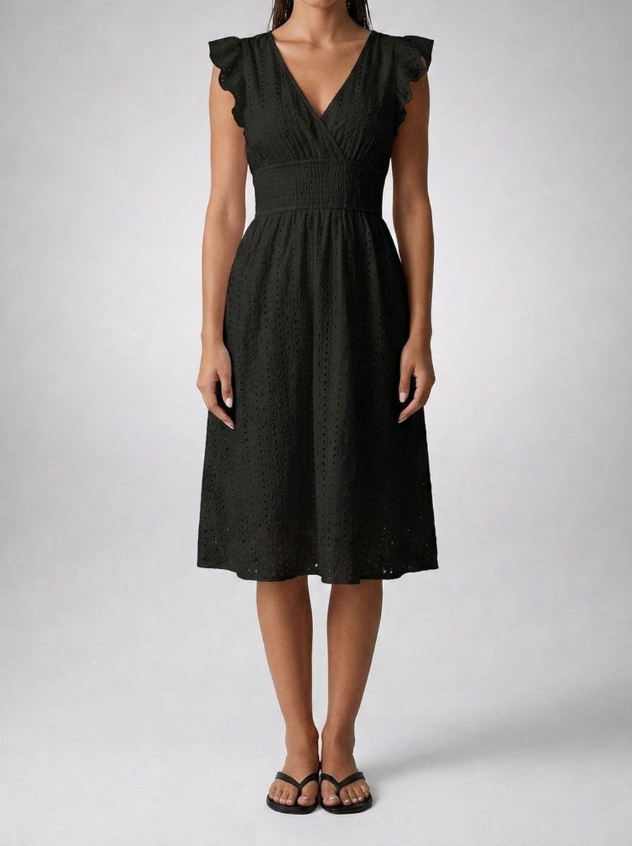 Women's Eyelet Midi Dress – Surplice Neck Ruffle Sleeve