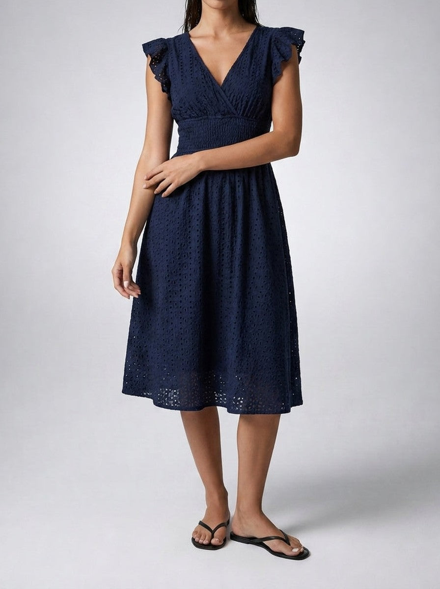 Women's Eyelet Midi Dress – Surplice Neck Ruffle Sleeve