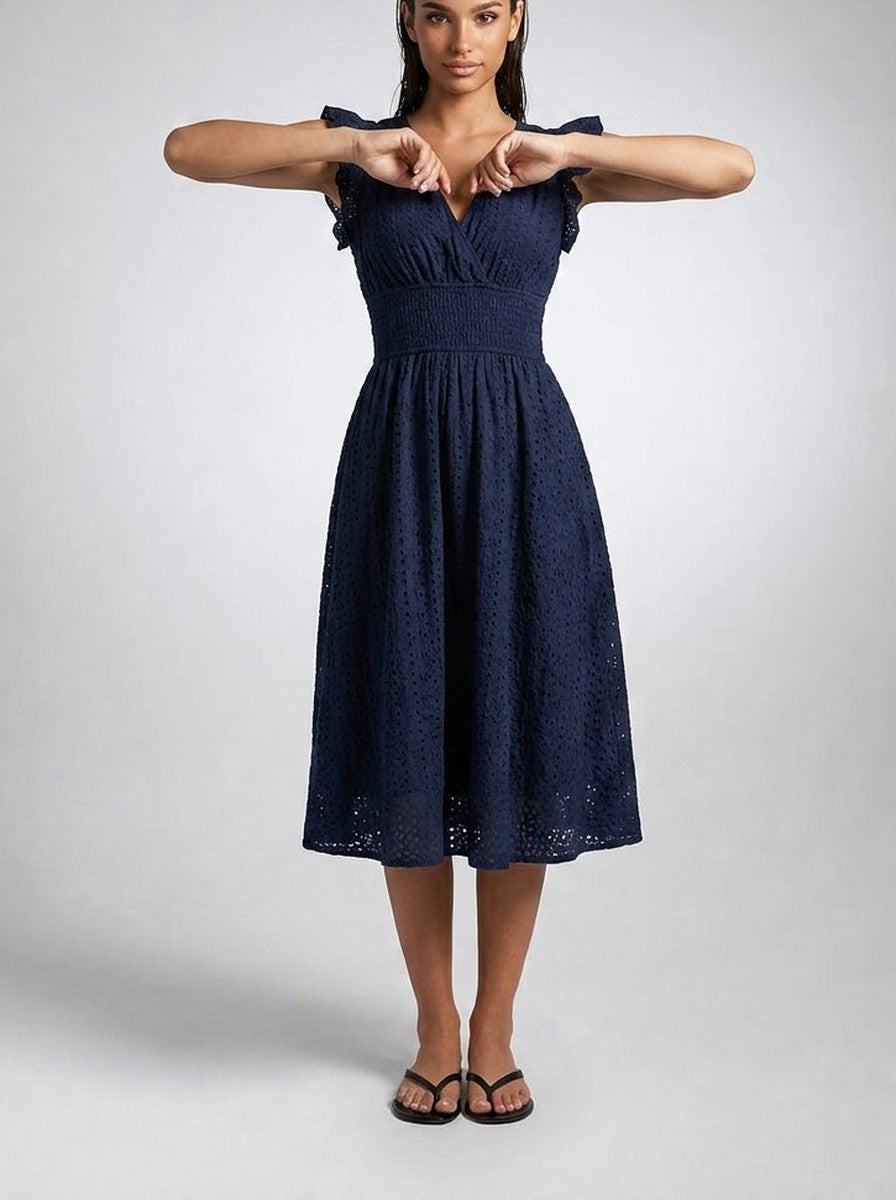 Women's Eyelet Midi Dress – Surplice Neck Ruffle Sleeve