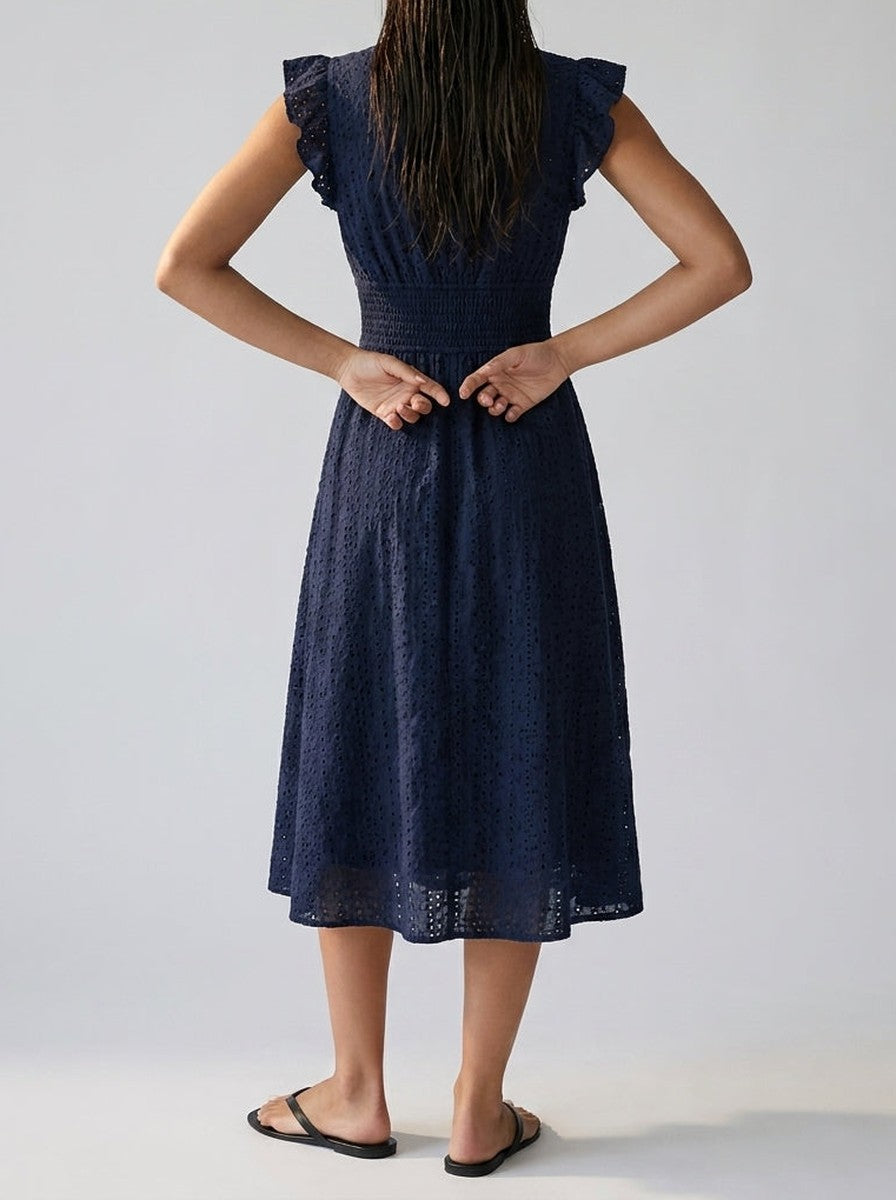 Women's Eyelet Midi Dress – Surplice Neck Ruffle Sleeve