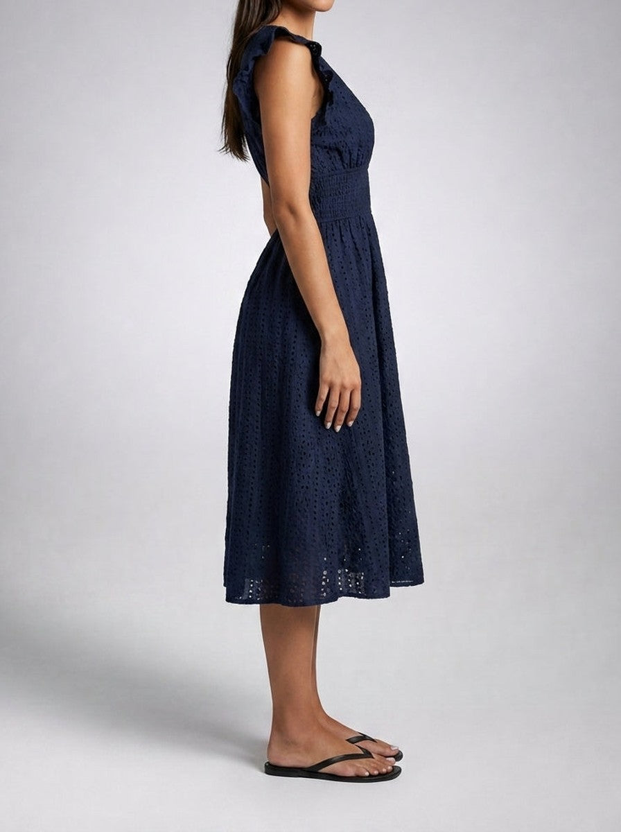 Women's Eyelet Midi Dress – Surplice Neck Ruffle Sleeve