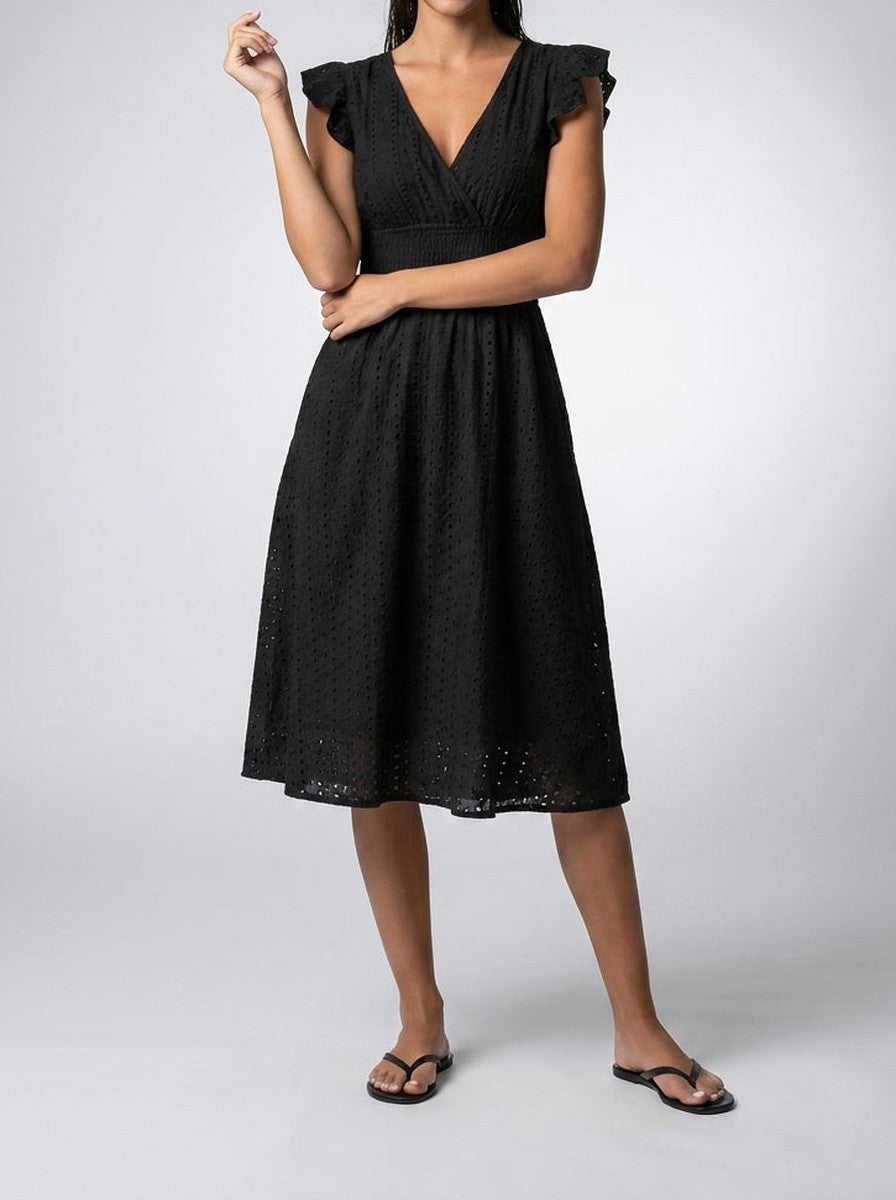 Women's Eyelet Midi Dress – Surplice Neck Ruffle Sleeve