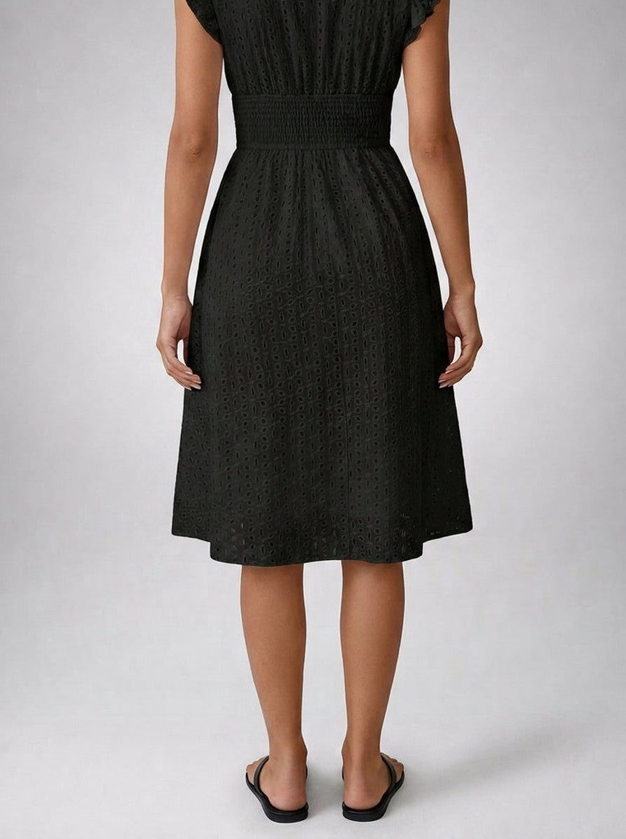 Women's Eyelet Midi Dress – Surplice Neck Ruffle Sleeve