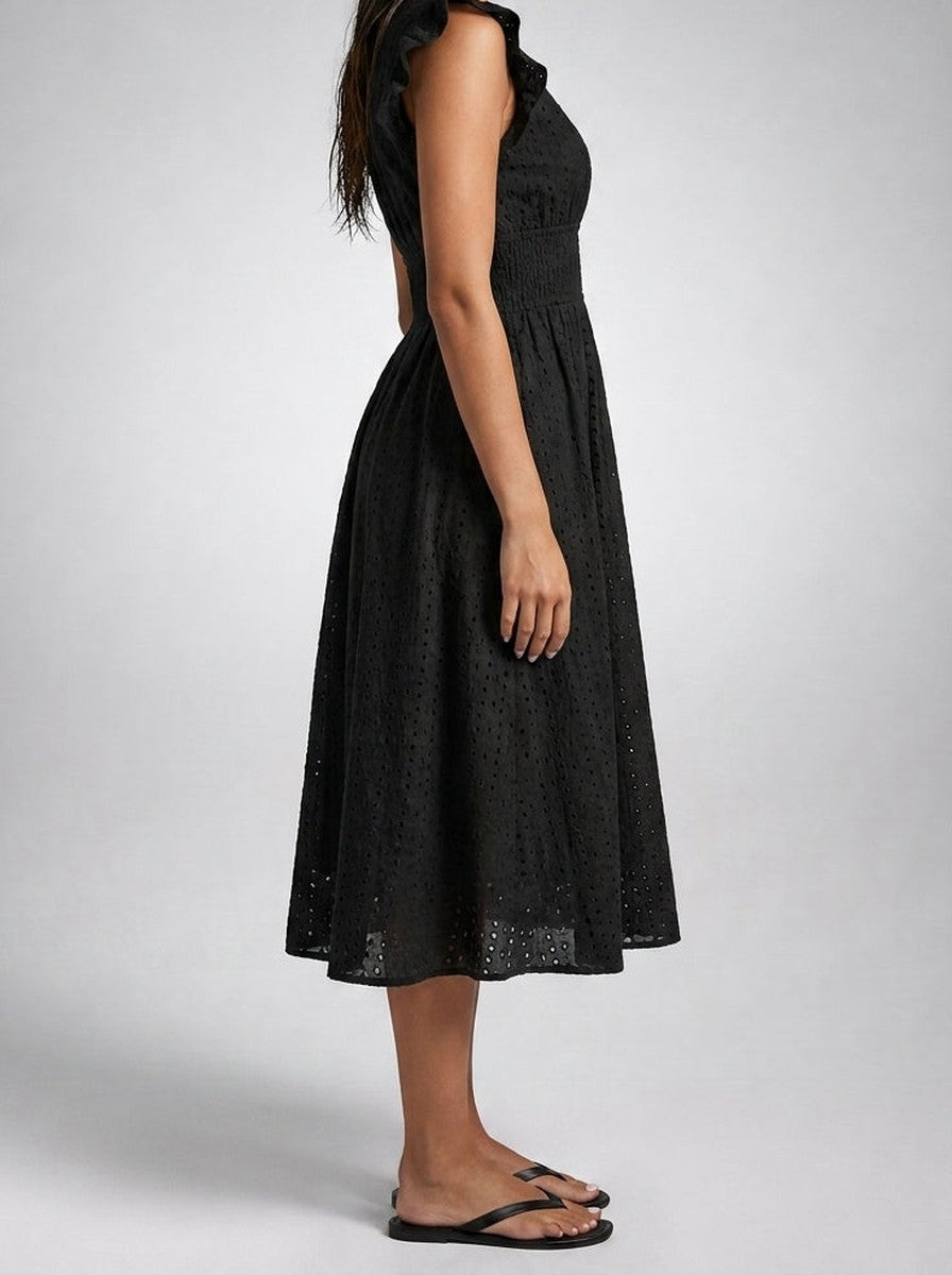 Women's Eyelet Midi Dress – Surplice Neck Ruffle Sleeve