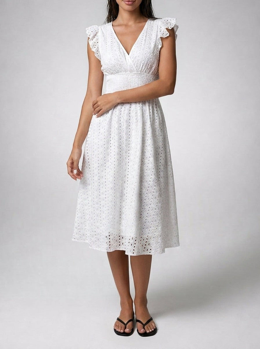 Women's Eyelet Midi Dress – Surplice Neck Ruffle Sleeve