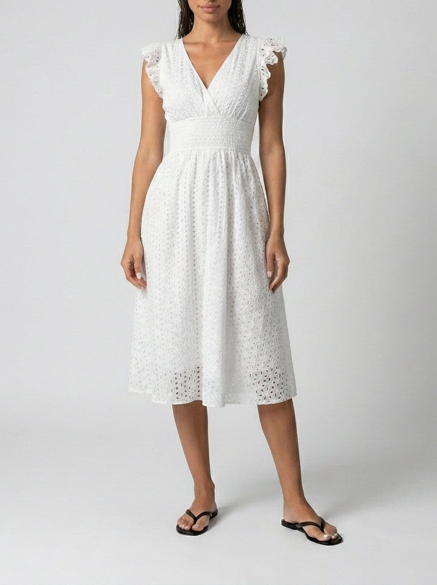 Women's Eyelet Midi Dress – Surplice Neck Ruffle Sleeve