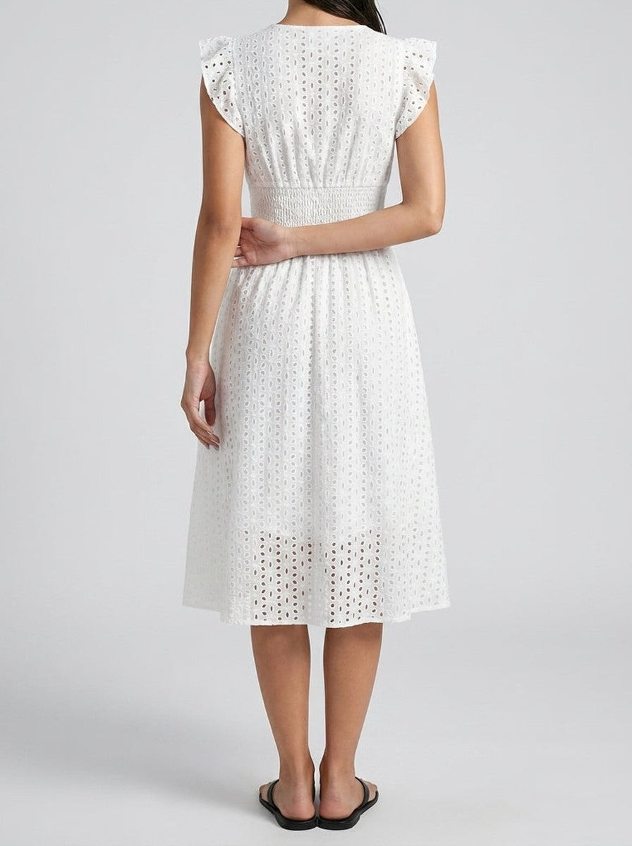 Women's Eyelet Midi Dress – Surplice Neck Ruffle Sleeve