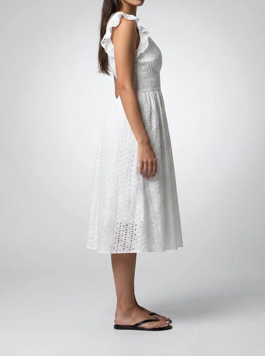 Women's Eyelet Midi Dress – Surplice Neck Ruffle Sleeve