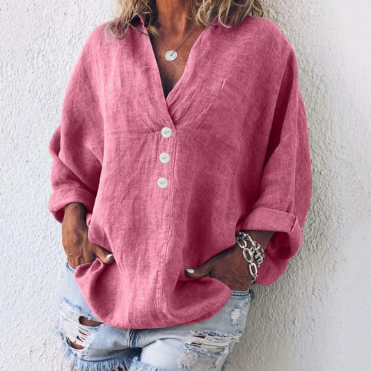 Women's Linen-Blend Button-Front Blouse – V-Neck Roll-Tab Sleeves