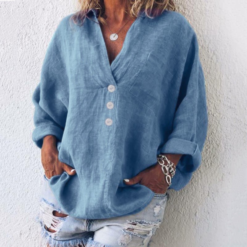 Women's Linen-Blend Button-Front Blouse – V-Neck Roll-Tab Sleeves