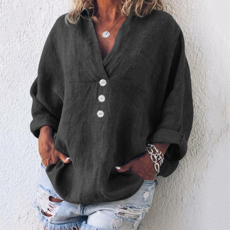 Women's Linen-Blend Button-Front Blouse – V-Neck Roll-Tab Sleeves