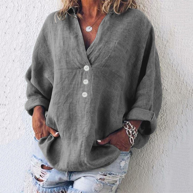 Women's Linen-Blend Button-Front Blouse – V-Neck Roll-Tab Sleeves