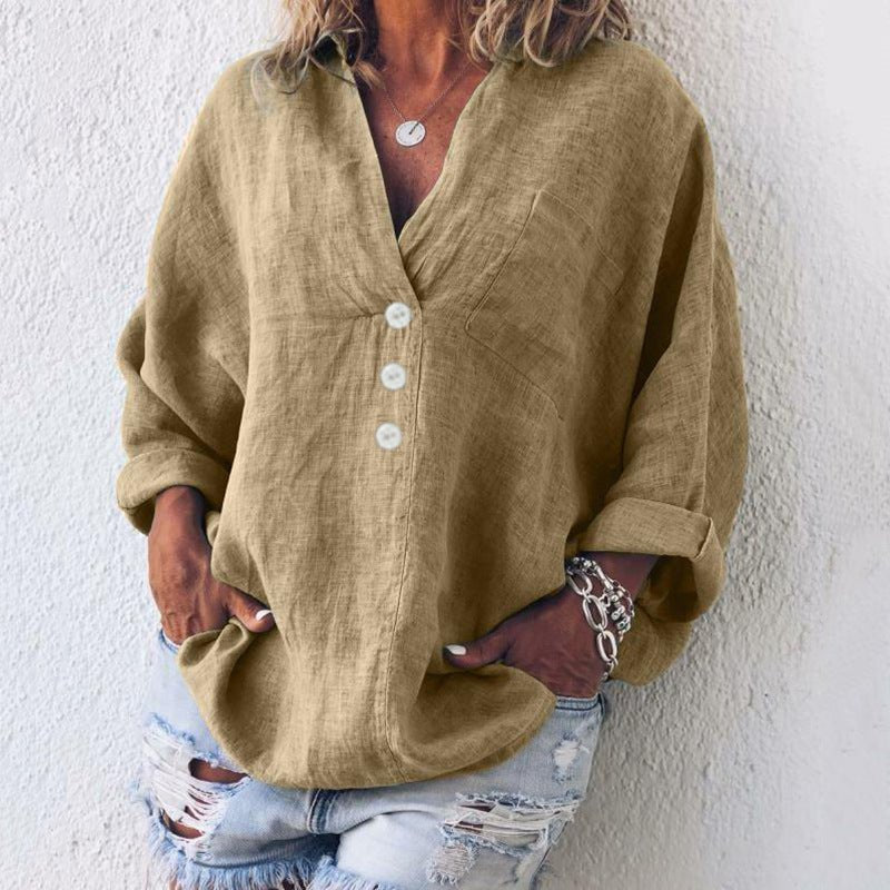 Women's Linen-Blend Button-Front Blouse – V-Neck Roll-Tab Sleeves