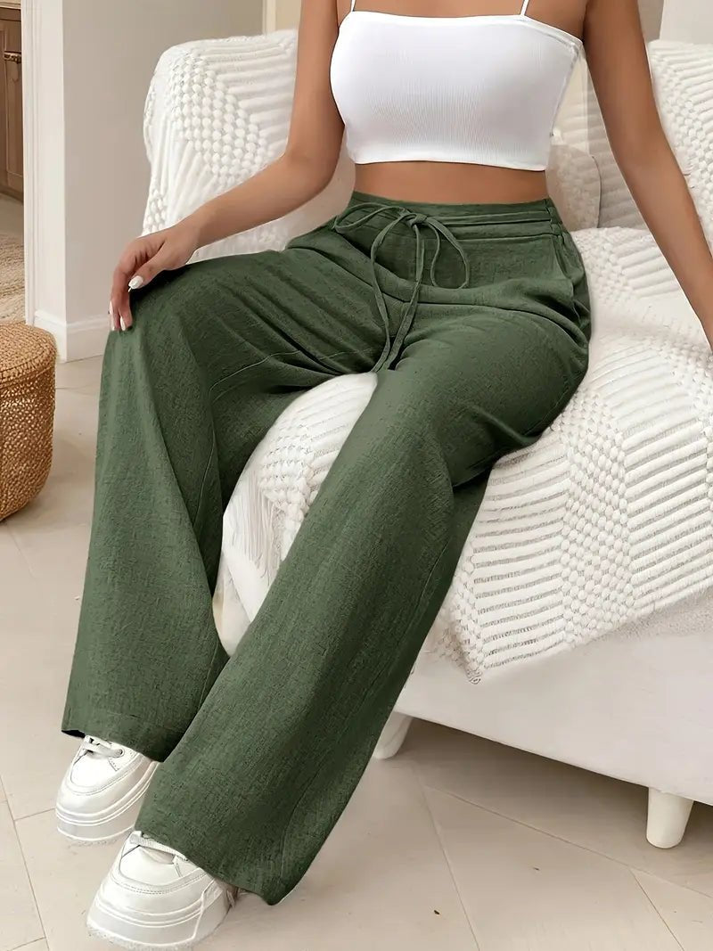 Women's Wide-Leg Cotton Pants – High-Rise Drawstring Waist