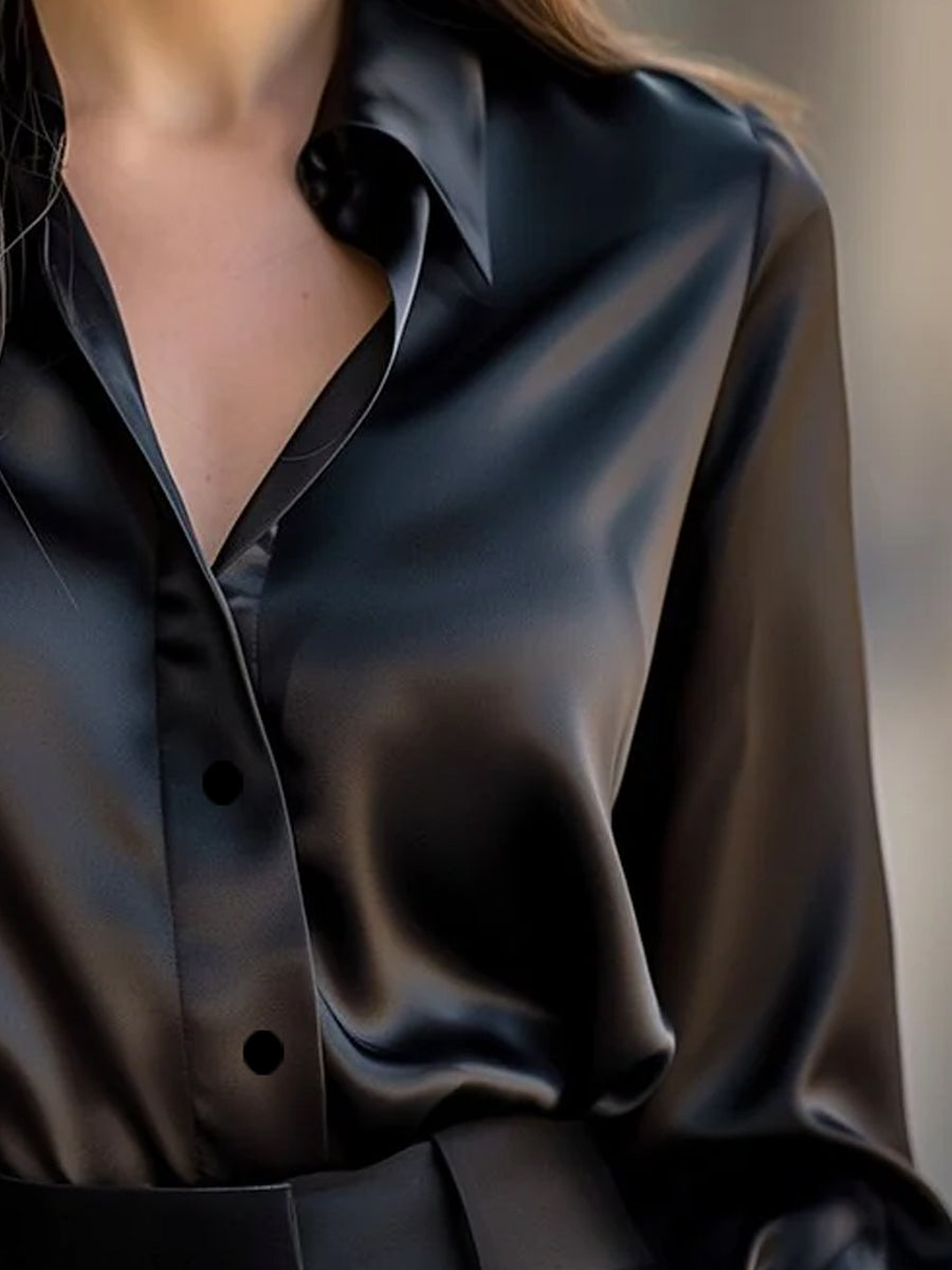 Women's Satin Lapel Collar Blouse – Relaxed Long Sleeve