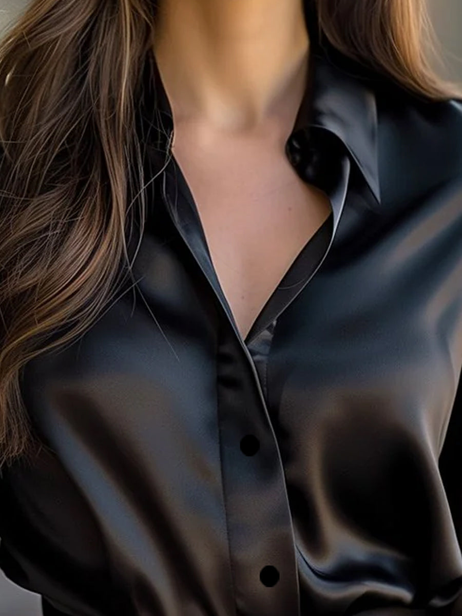 Women's Satin Lapel Collar Blouse – Relaxed Long Sleeve