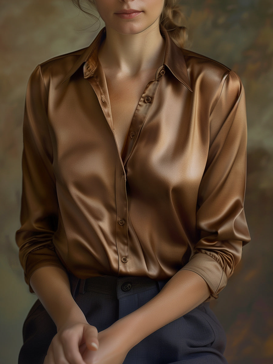 Women's Satin Lapel Collar Blouse – Relaxed Long Sleeve