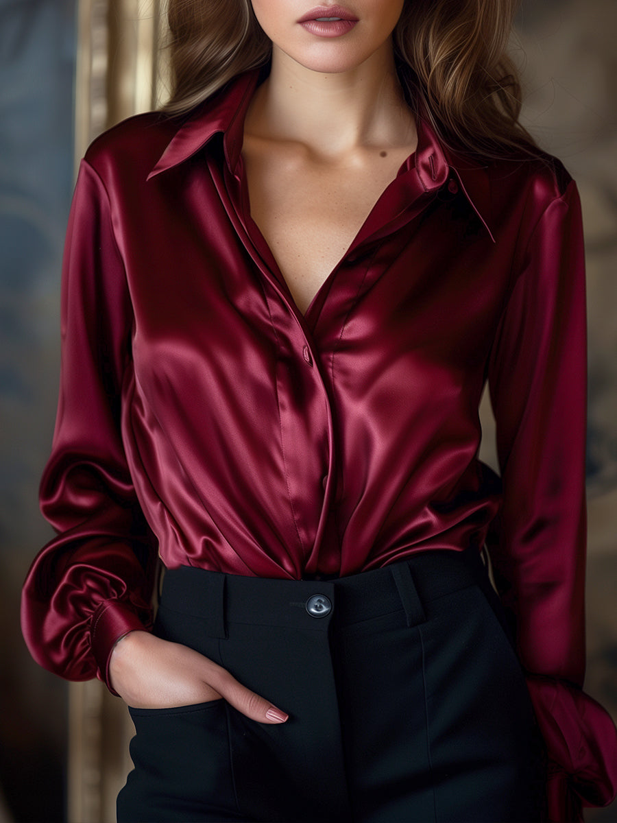 Women's Satin Lapel Collar Blouse – Relaxed Long Sleeve