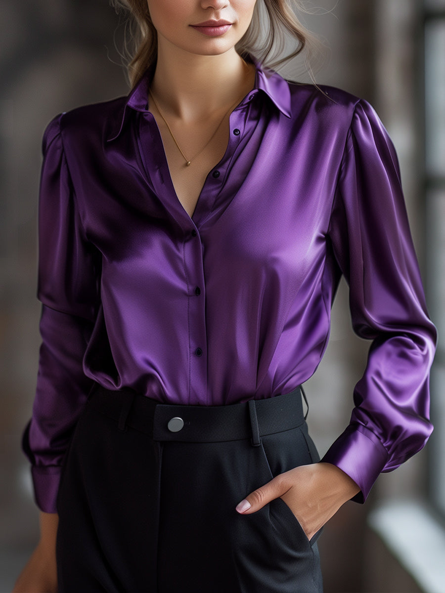 Women's Satin Lapel Collar Blouse – Relaxed Long Sleeve