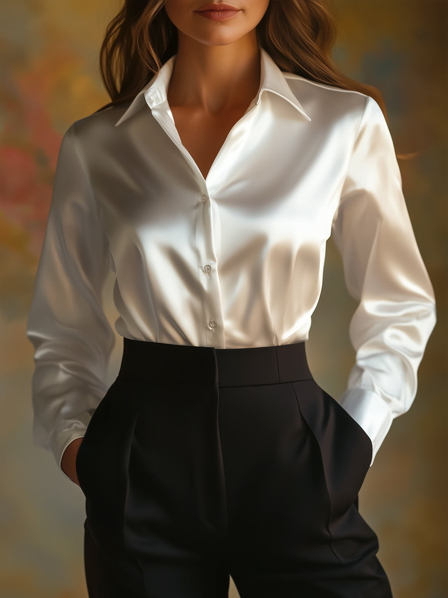 Women's Satin Lapel Collar Blouse – Relaxed Long Sleeve