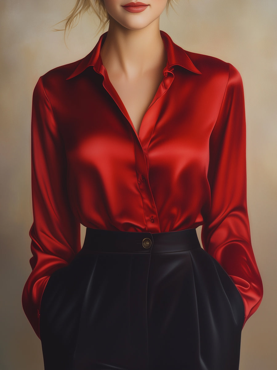 Women's Satin Lapel Collar Blouse – Relaxed Long Sleeve