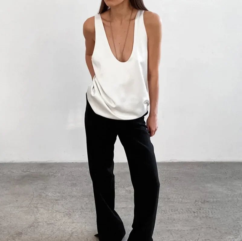 Women's Satin Tank Top – Plunging U-Neck Relaxed Fit