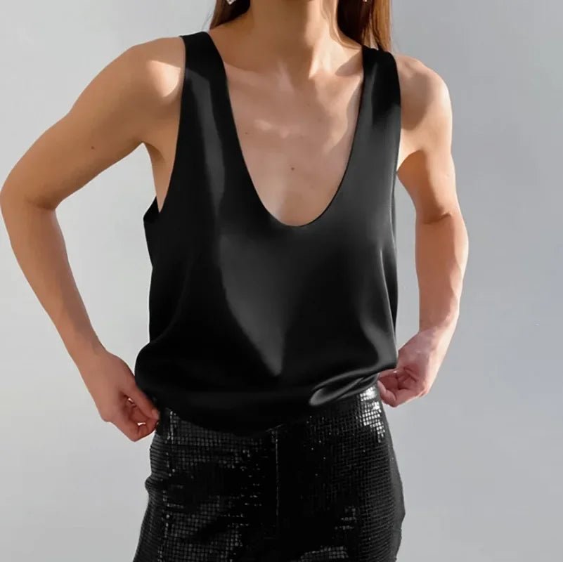 Women's Satin Tank Top – Plunging U-Neck Relaxed Fit
