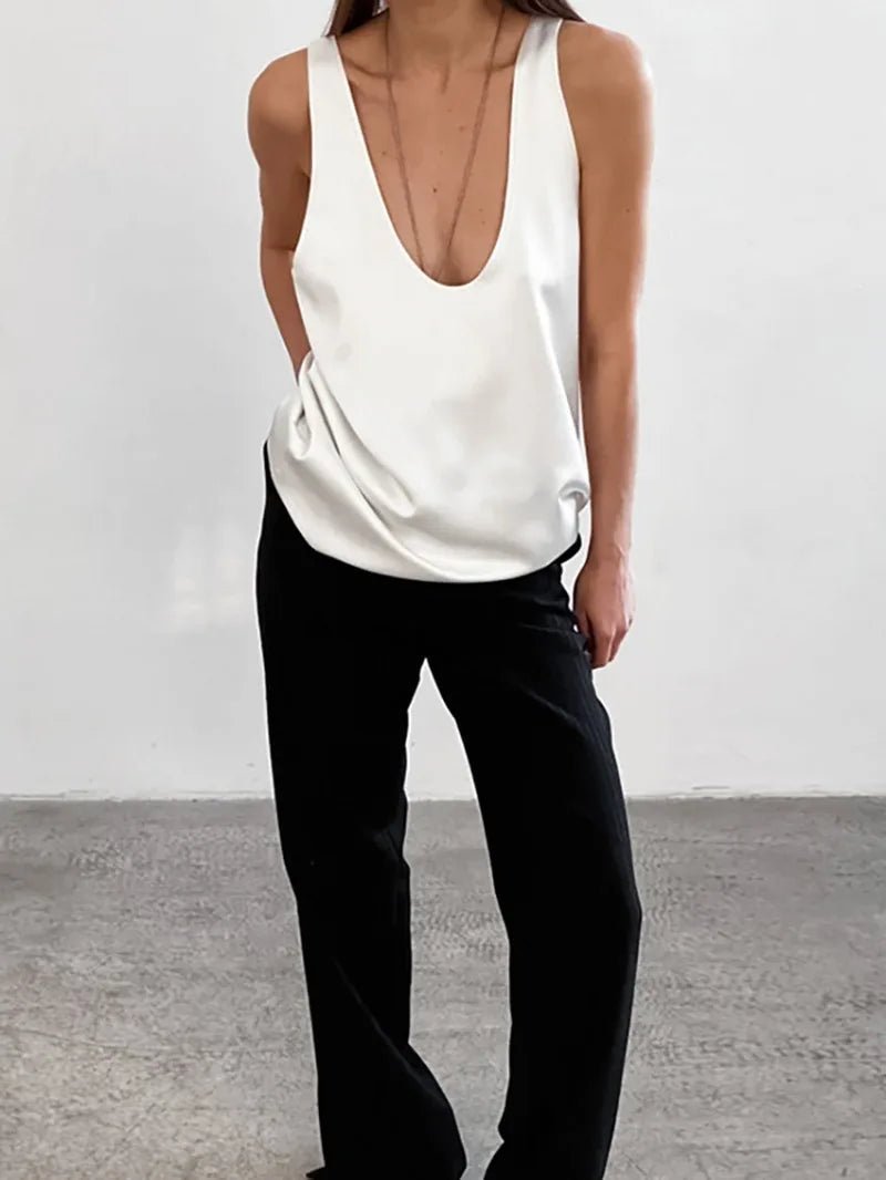 Women's Satin Tank Top – Plunging U-Neck Relaxed Fit