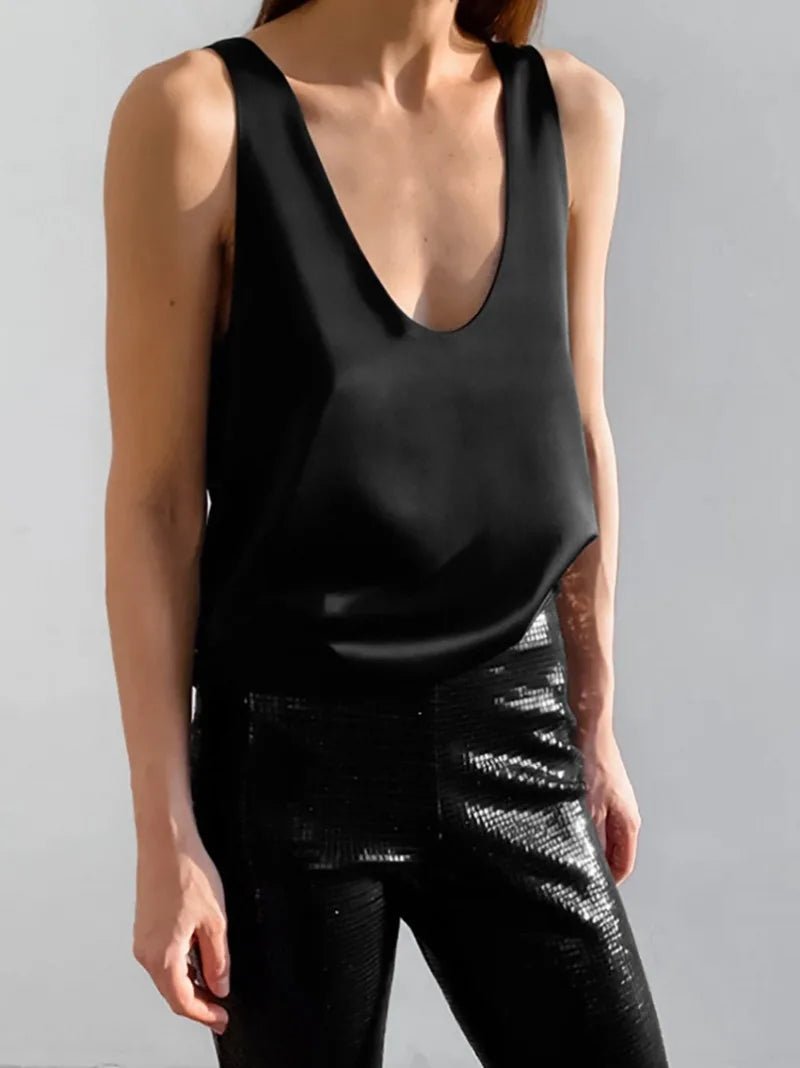 Women's Satin Tank Top – Plunging U-Neck Relaxed Fit