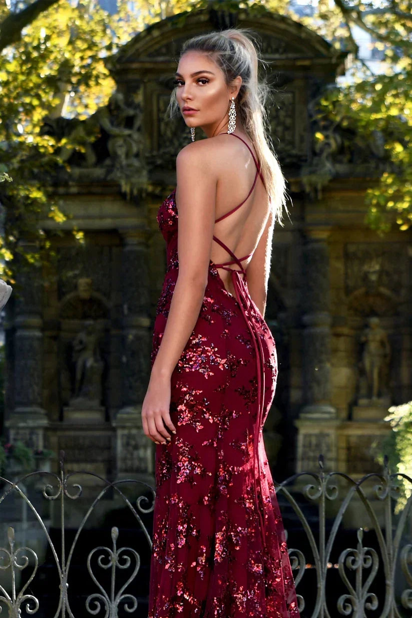 Women's Sequin Maxi Dress – Open Back Mermaid Hem