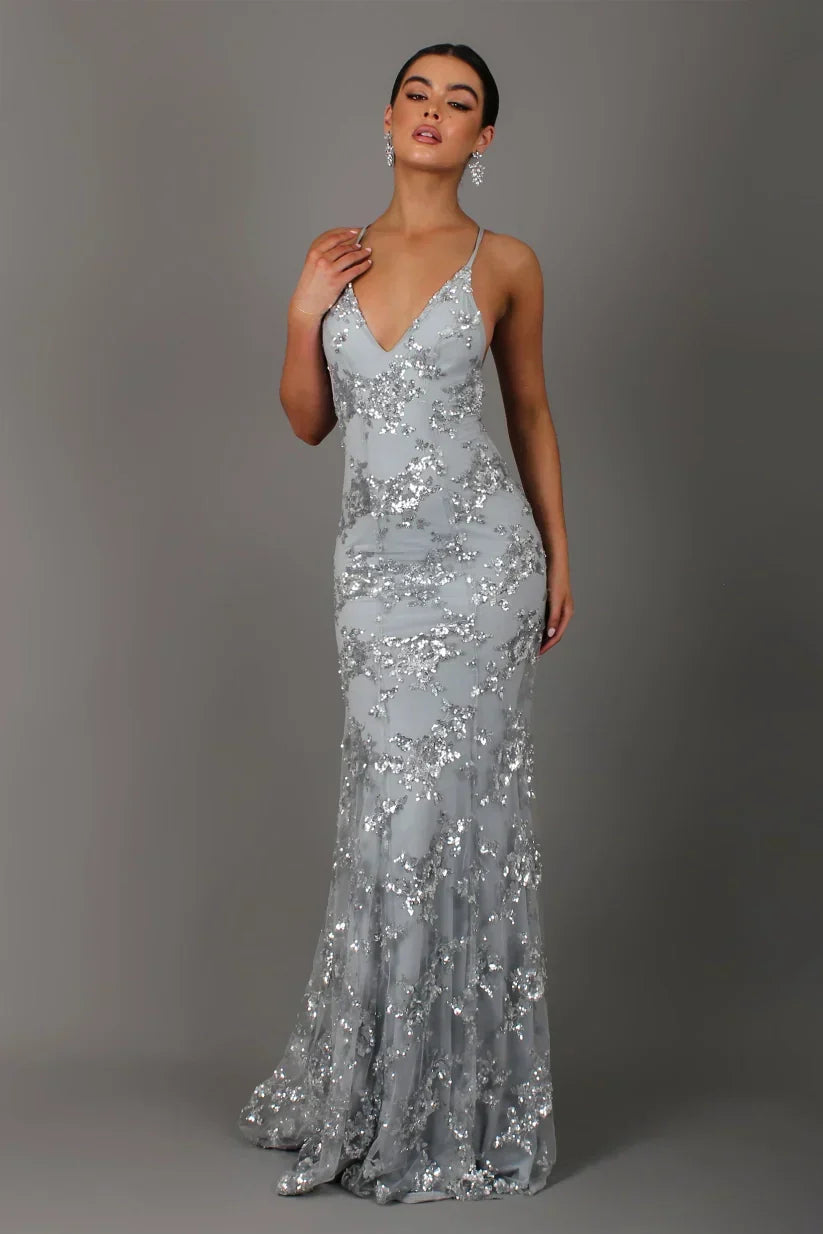 Women's Sequin Maxi Dress – Open Back Mermaid Hem