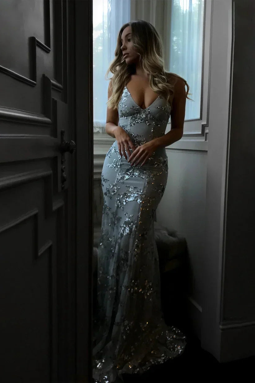 Women's Sequin Maxi Dress – Open Back Mermaid Hem
