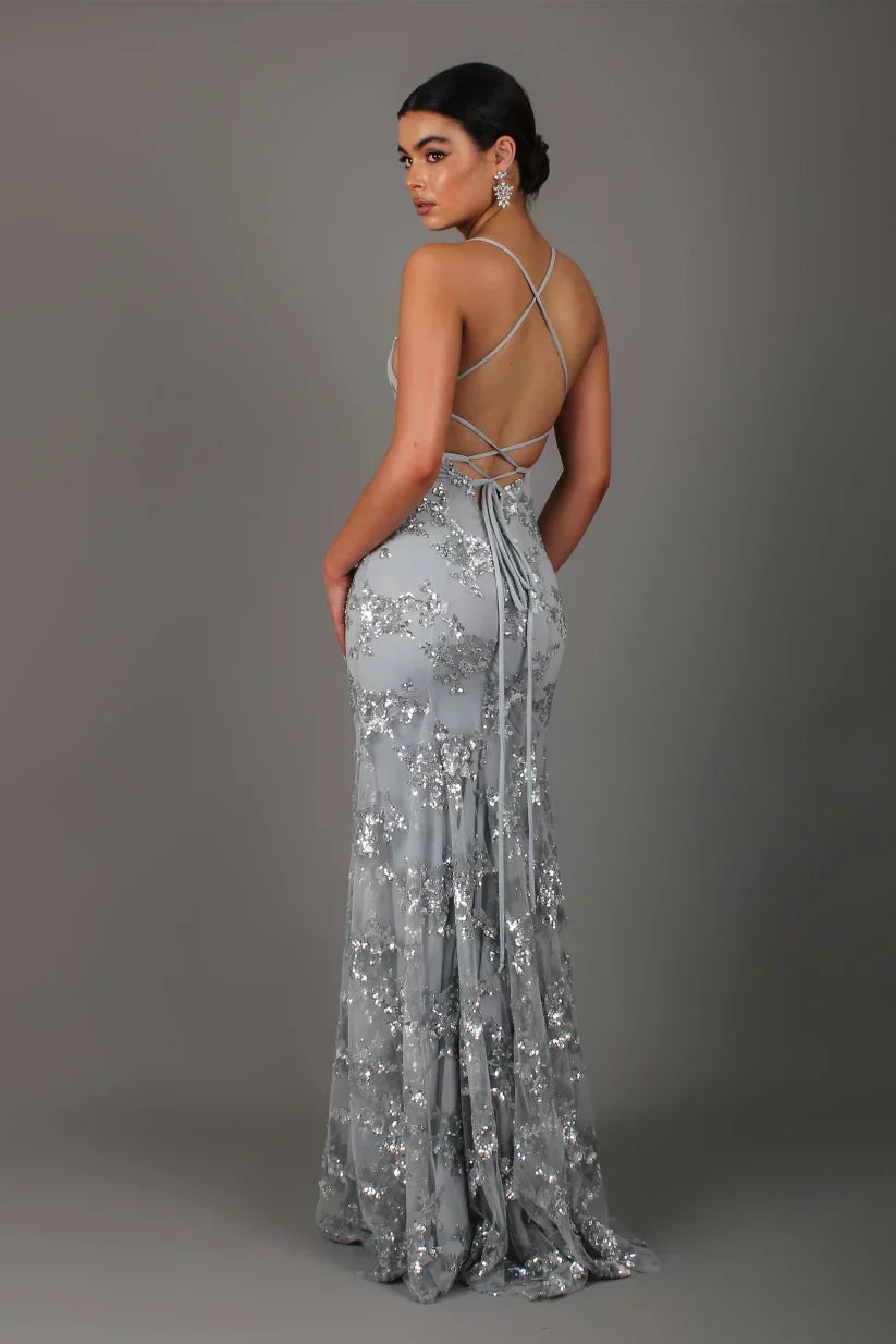 Women's Sequin Maxi Dress – Open Back Mermaid Hem