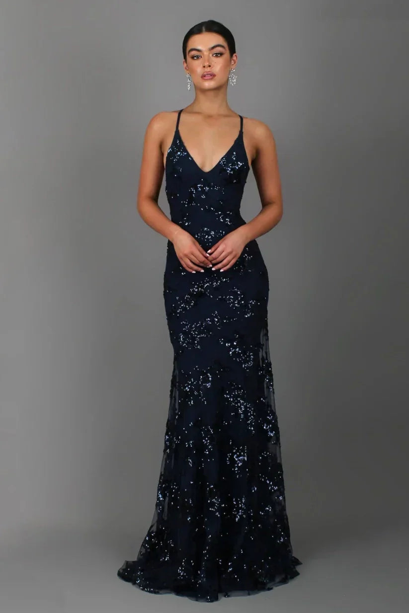 Women's Sequin Maxi Dress – Open Back Mermaid Hem