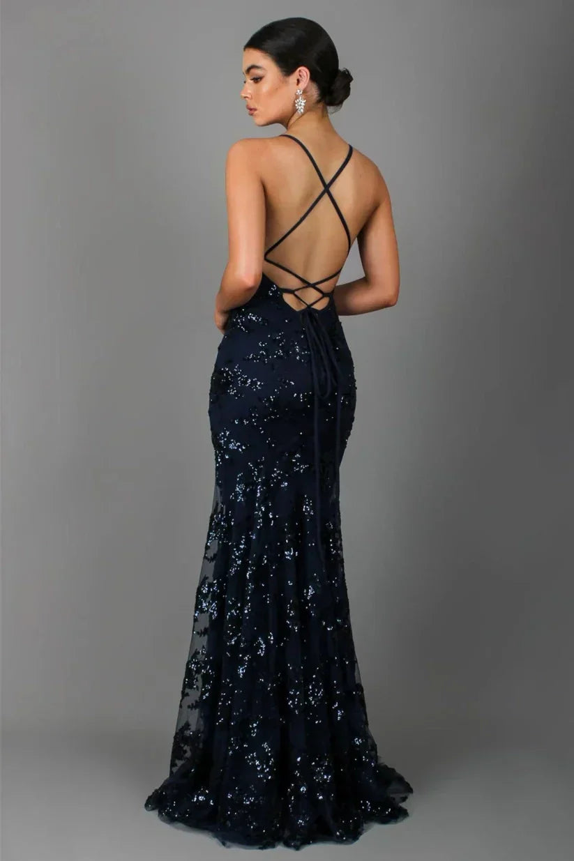Women's Sequin Maxi Dress – Open Back Mermaid Hem