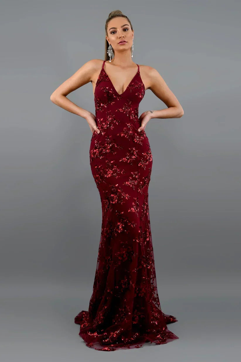 Women's Sequin Maxi Dress – Open Back Mermaid Hem